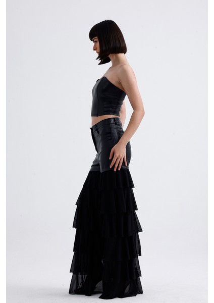 Tül Fırfır Detaylı Suni Deri Pantolon | PNT35953