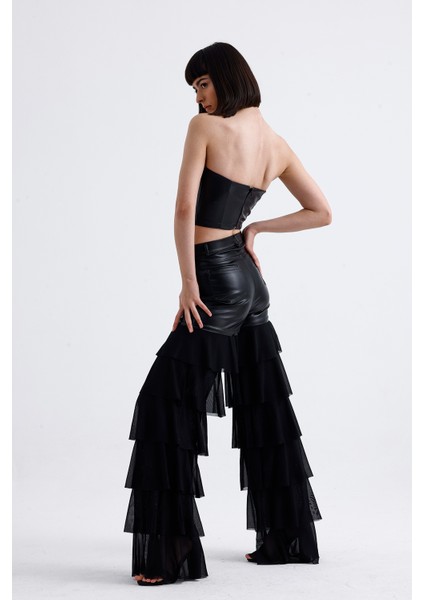 Tül Fırfır Detaylı Suni Deri Pantolon | PNT35953