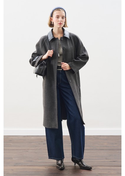 Deri Detaylı Kaşe Kaban Antrasit fiyatları