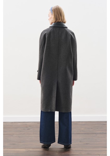 Deri Detaylı Kaşe Kaban Antrasit