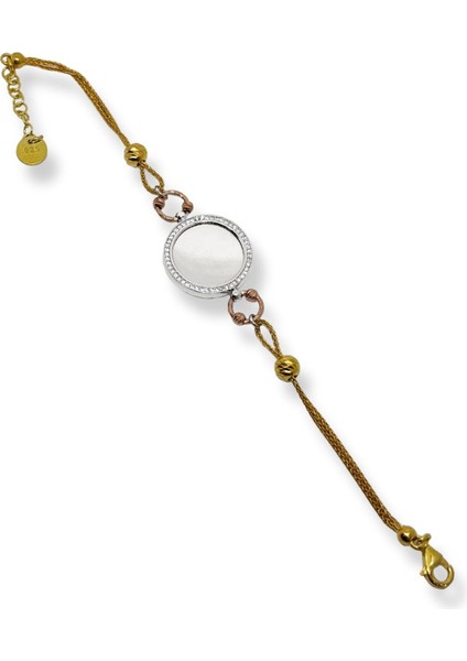 Üç Renkli Taşlı Çeyrek Altın Yuvalı Aynalı Gümüş Dorika Model Bileklik