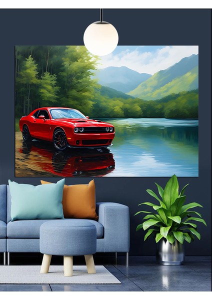 Kırmızı Spor Araba Göl Dekoratif Kanvas - Mdf Ahşap Tablo