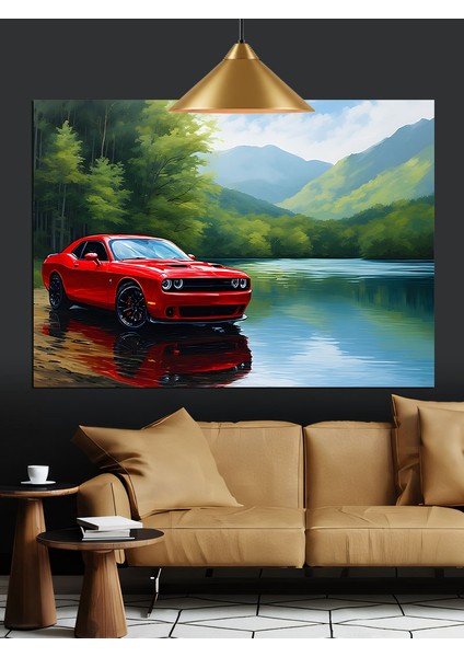 Kırmızı Spor Araba Göl Dekoratif Kanvas - Mdf Ahşap Tablo fiyatları