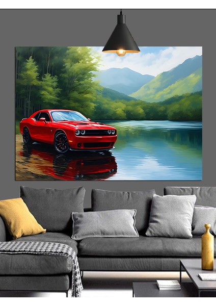 Kırmızı Spor Araba Göl Dekoratif Kanvas - Mdf Ahşap Tablo modelleri