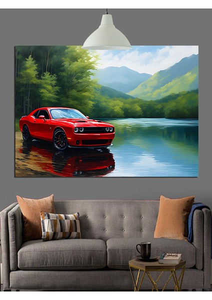 Kırmızı Spor Araba Göl Dekoratif Kanvas - Mdf Ahşap Tablo fırsatları