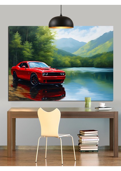 Kırmızı Spor Araba Göl Dekoratif Kanvas - Mdf Ahşap Tablo indirimleri