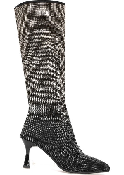 25K134 Kadın Taşlı Topuklu Çizme Siyah