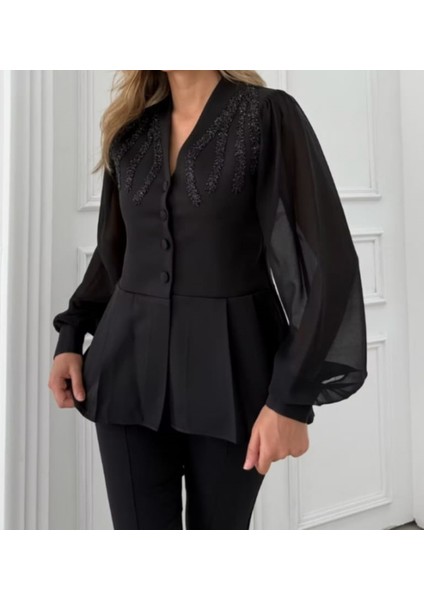 Siyah Taş Detaylı Şık Ceket Bluz