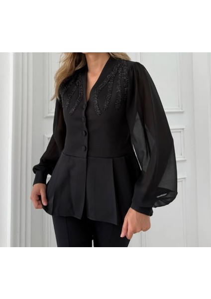 Siyah Taş Detaylı Şık Ceket Bluz fiyatları