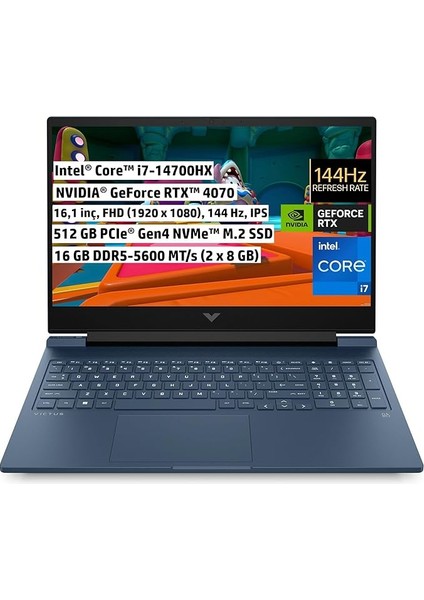 Victus Gaming Dizüstü Bilgisayar, 16,1 Inç 144 Hz Fhd Ips, Intel Core I7-14700HX, 16GB Ddr5 Ram, Nvıdıa Geforce Rtx 4070 Dlss 3, 512 GB Ssd, Freedos, Performans Mavi, 9J227EA