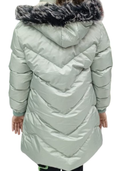 Kız Çocuk Mint Yeşili Kapüşonlu V Desenli Peluş Astarlı Fermuar Cepli Kapitone Midi Boy Şişme Mont fiyatları