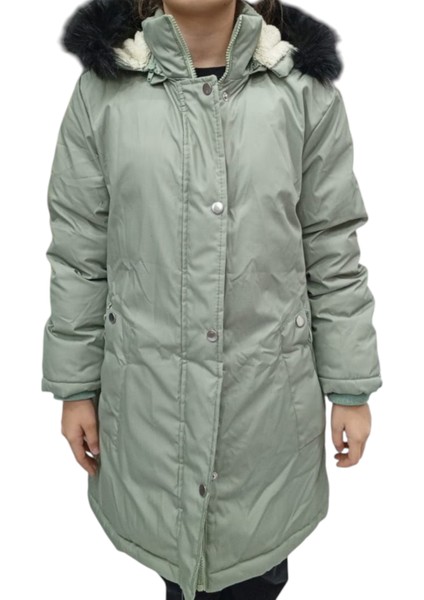 Kız Çocuk Mint Yeşili Kapüşonu Kürklü Içi Peluş Astarlı Fermuar Çıtçıt Kapamalı Midi Boy Şişme Mont