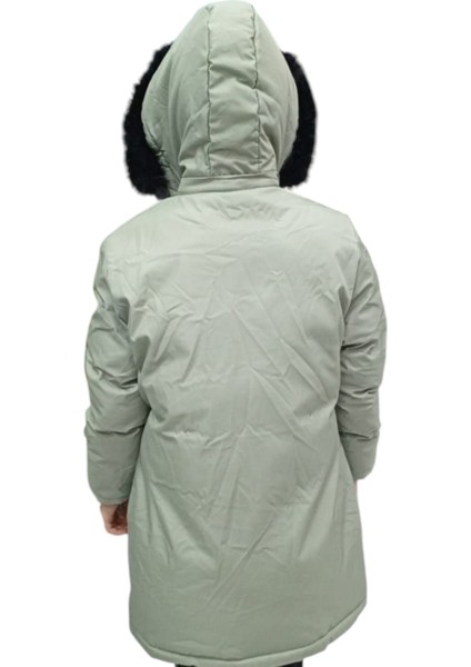 Kız Çocuk Mint Yeşili Kapüşonu Kürklü Içi Peluş Astarlı Fermuar Çıtçıt Kapamalı Midi Boy Şişme Mont fiyatları