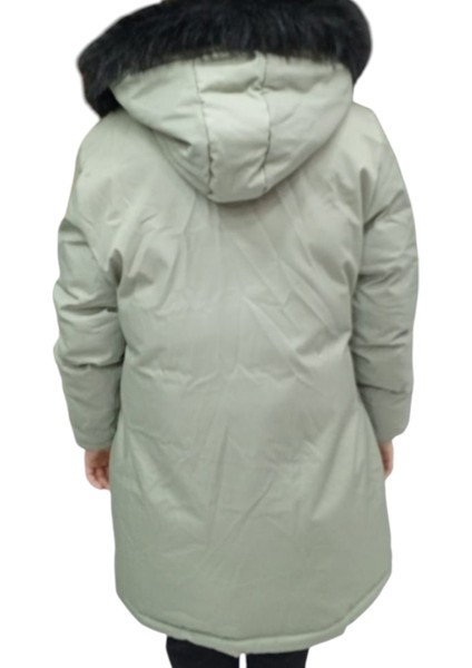 Kız Çocuk Mint Yeşili Kapüşonu Kürklü Içi Peluş Astarlı Fermuar Çıtçıt Kapamalı Midi Boy Şişme Mont modelleri