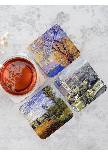 Claude Monet Temalı Ahşap Bardak Altlığı Ahşap Baskılı Altlık 6'lı Set (9 X9CM) KARBONNM20 fırsatları