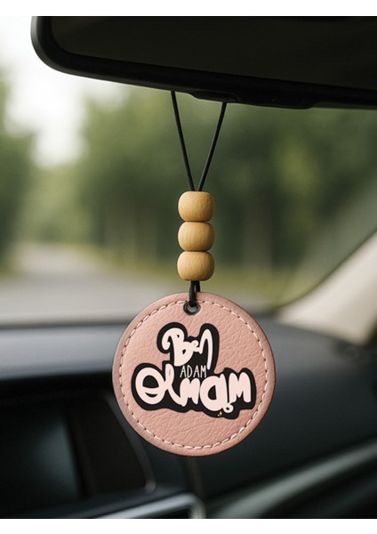 Suni Deri Ahşap Süslemeli Desenli Dikiz Aynası Süsü Pudra Pembe - Ben Adam Olmam