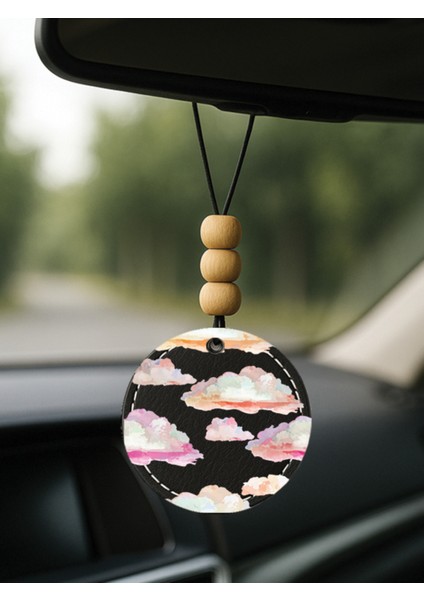 1.sınıf Suni Deri Süslemeli Desenli Uv Baskı Dikiz Araç Aynası Süsü Siyah - Renkli Bulutlar