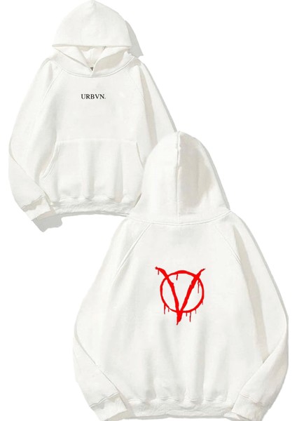 V 1 Tasarım Baskılı Oversize Beyaz Kapüşonlu Sweatshirt
