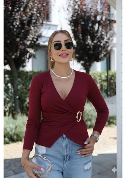 Mdb Kadın Uzun Kollu Kruvaze Yakalı Toka Detaylı Viskon Bluz