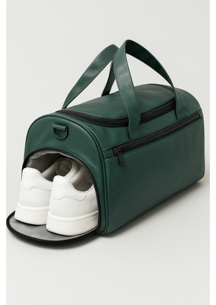 Haki Suni Deri Yan Ayakkabı Bölmeli Unisex Geniş Hacimli Seyahat Spor Fitness Spor Çantası - 00124