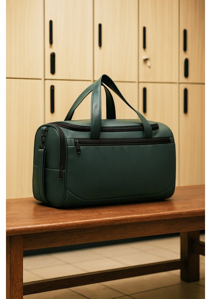 Haki Suni Deri Yan Ayakkabı Bölmeli Unisex Geniş Hacimli Seyahat Spor Fitness Spor Çantası - 00124