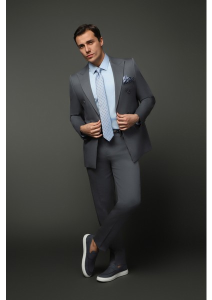 Slim Fit Dar Kesim Pamuklu Lyocell Kruvaze Takım Elbise modelleri