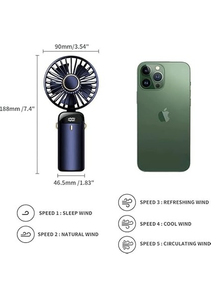 Taşınabilir USB Vantilatör, 4200MAH Şarjlı El Tipi Fan, LED Ekranlı, 3'ü 1 Arada El/boyun/masa Fanı, Yaz, Ofis, Seyahat Için, Kadınlar, Kızlar ve Çocuklara Hediye (Lacivert) modelleri