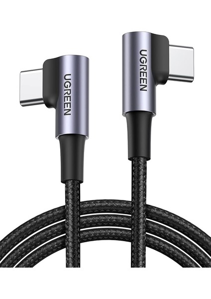 Usb-C To Usb-C 60W 3A Qc Pd Çift Tarafı 90 Derece Örgülü Hızlı Şarj Kalosu, 2 Metre, Siyah