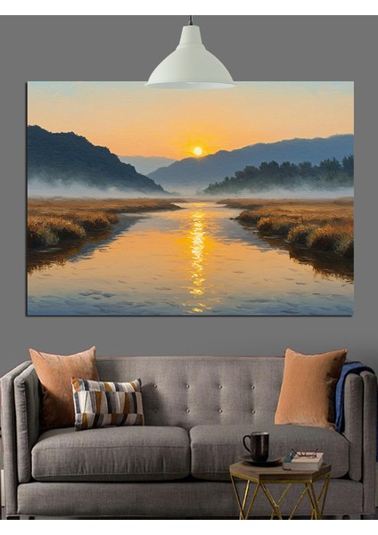 Sakin Göl Gün Batımı Manzarası Dekoratif Kanvas - Mdf Ahşap Tablo