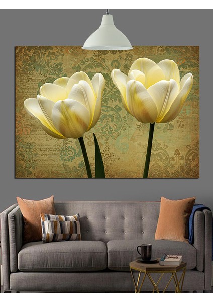 Beyaz Lale Çiçekleri Dekoratif Kanvas - Mdf Ahşap Tablo fırsatları