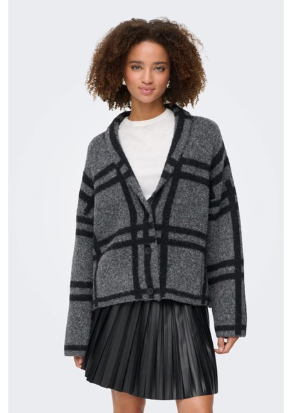 Kadın V-Neck Düğmeli V Yaka Yünlü Hırka 15354098 Koyu Gri