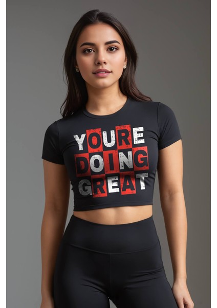 You're Doing Great Baskılı Siyah Crop Top