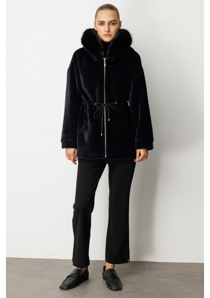 Kadın Kapüşonlu Peluş Kaban 6029 Siyah modelleri