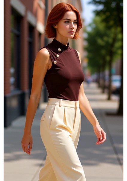 Kadın Yüksek Yaka Düğme Detaylı Kolsuz Örme Kaliteli Şık Rahat Modern Zarif Günlük