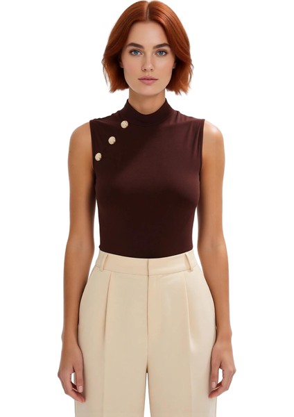 Kadın Yüksek Yaka Düğme Detaylı Kolsuz Örme Kaliteli Şık Rahat Modern Zarif Günlük modelleri