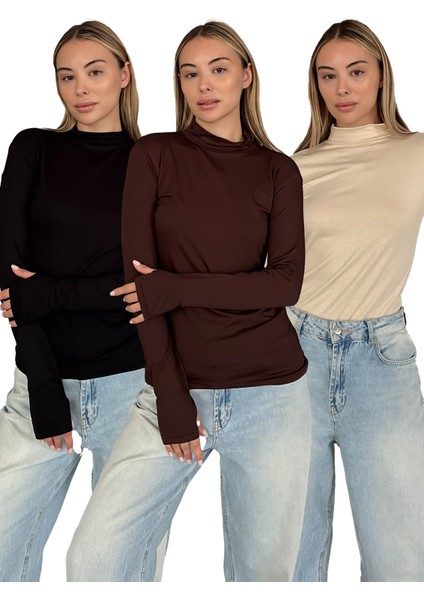 Kadın 3'lü Set Parmak Detaylı Body