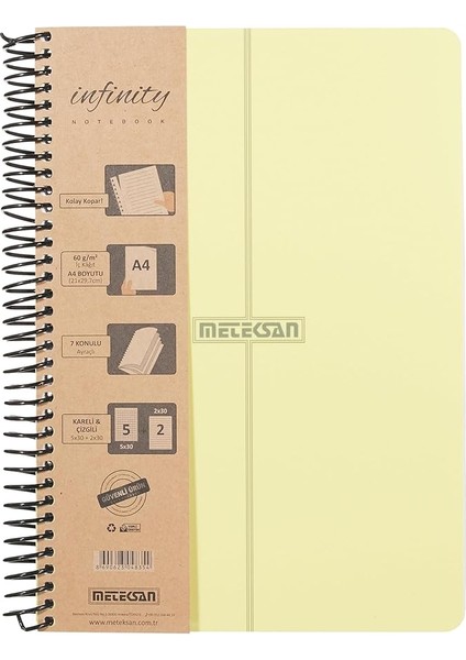 Infinity Pastel Serisi, A4, 7 Konulu (5 Kareli, 2 Çizgili) 210 Yaprak Pp Kapaklı Spiralli Defter, Sarı