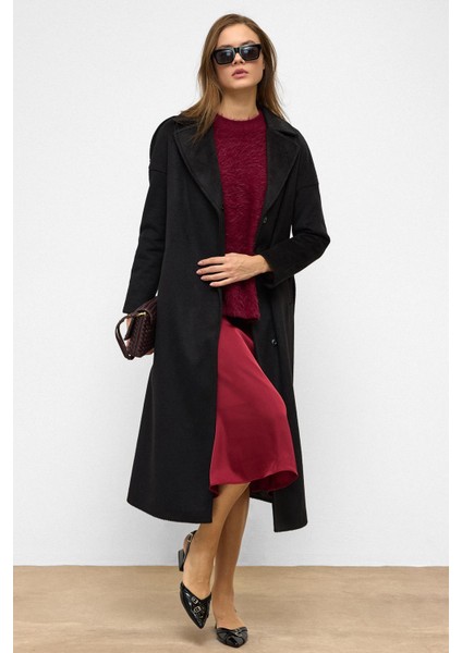 Apolet Detaylı Çıt Çıt Kapamalı Oversize Moher Kaban Siyah 3147