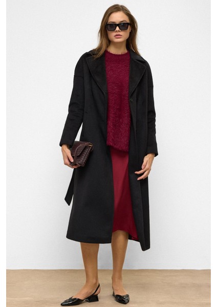 Apolet Detaylı Çıt Çıt Kapamalı Oversize Moher Kaban Siyah 3147