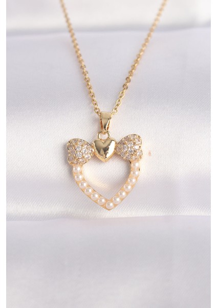 316L Çelik Zincir Altın Renk İnci Taş Detay Zirkon Taşlı Kalp Kolye