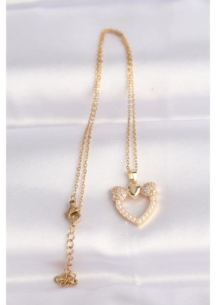 316L Çelik Zincir Altın Renk İnci Taş Detay Zirkon Taşlı Kalp Kolye fiyatları