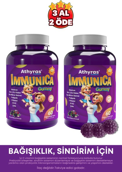 Immunica Gummy Kolostrum Beta Glukan Kara Mürver Prebiyotik İçeren 60 Çiğnenebilir Form 2 Kutu
