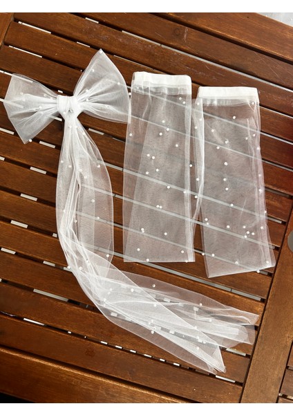 2 Li Set Parmaksız Gelin Eldiveni Inci Boncuklu Eldiven Kolluk,incili Fiyonk Bağ,duvak Seti