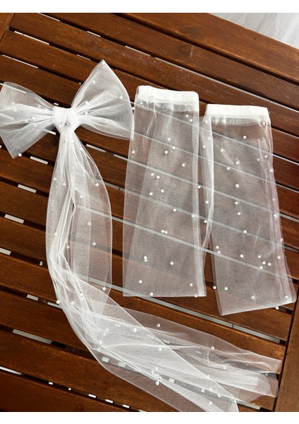 2 Li Set Parmaksız Gelin Eldiveni Inci Boncuklu Eldiven Kolluk,incili Fiyonk Bağ,duvak Seti fiyatları