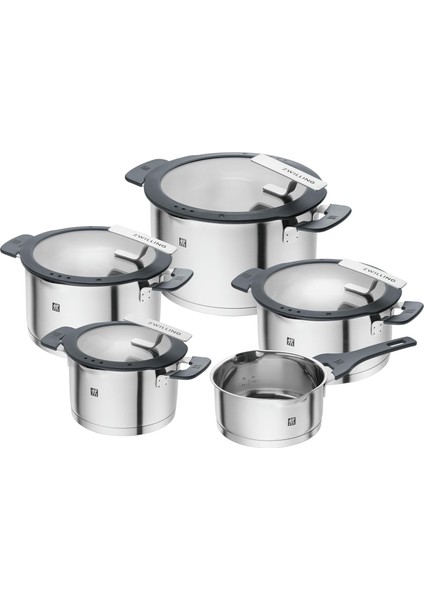 Basitleştirilmiş Paslanmaz Çelik Tencere Seti, 5 Parça, Kapakta Elekli, Indüksiyon Için Uygun, Gümüş-Siyah