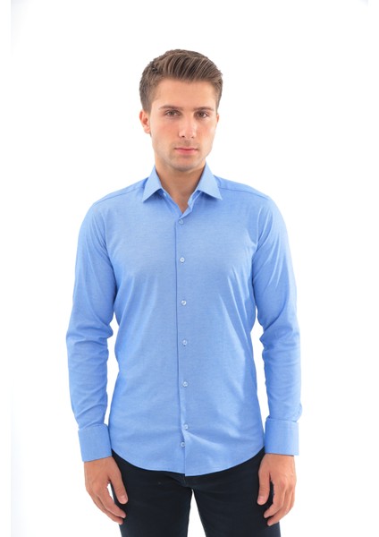 Slimfit Koyu Mavi Desenli Erkek Gömlek Likralı Dar Kesim Yapısıyla AS0710704-06