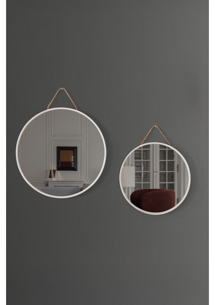 Mirora 2'li Yuvarlak Dekoratif Duvar Aynası | Boyalı Ahşap Çerçeveli | 60CM 48CM | Beyaz