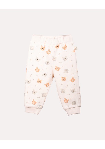 %100 Organik Pamuk Gots Sertifikalı Teddy Desenli Bebek & Yenidoğan Pantolon - Ekru