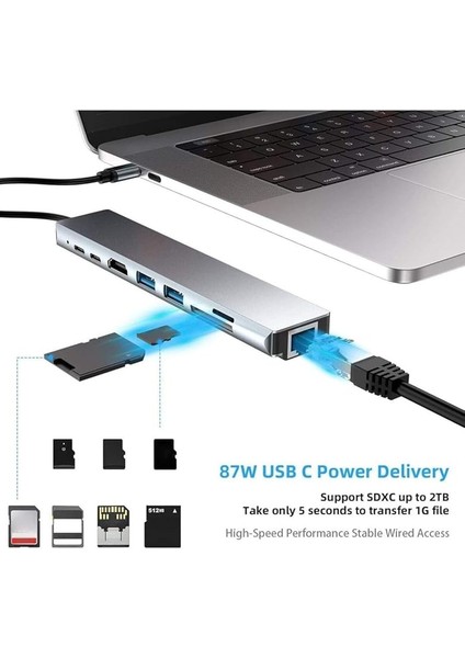CF55 Macbook Android Uyumlu Type-C To 2 USB 3.0 4K HDMI Ethernet RJ45 Pd Çevirici Hub Adaptör, Standart indirimleri