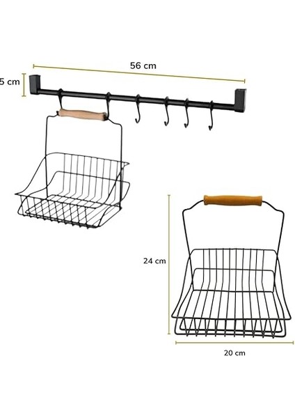 Retro Ferforje Askılı Siyah Ahşap Kulplu Düzenleyici Mutfak Banyo Sepeti indirimleri